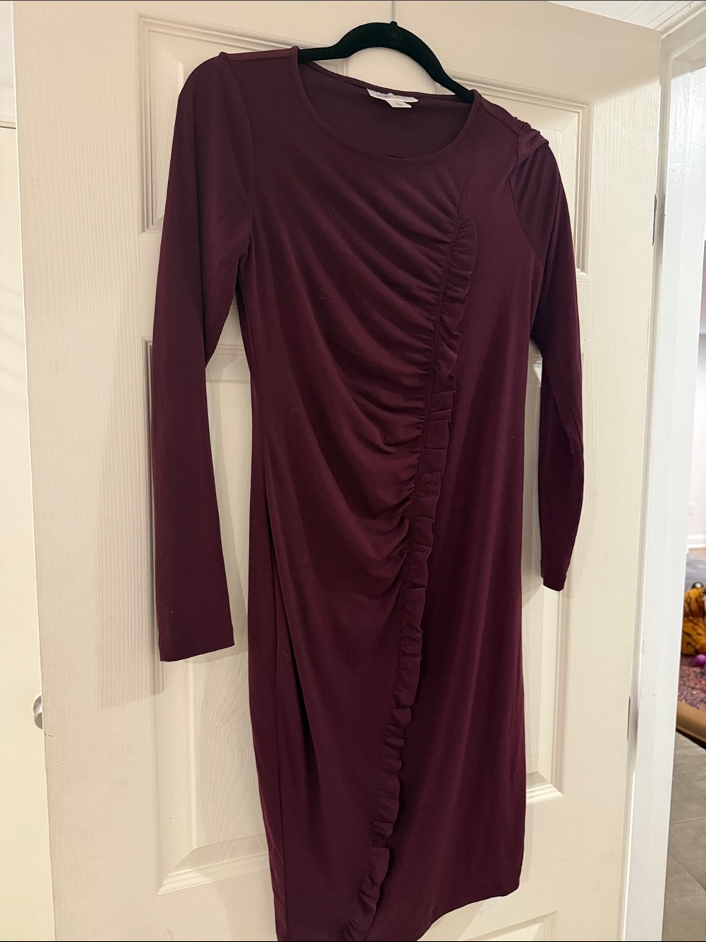 Motherhood Burgundy Long Sleeve Ruched Side-Detail Dress